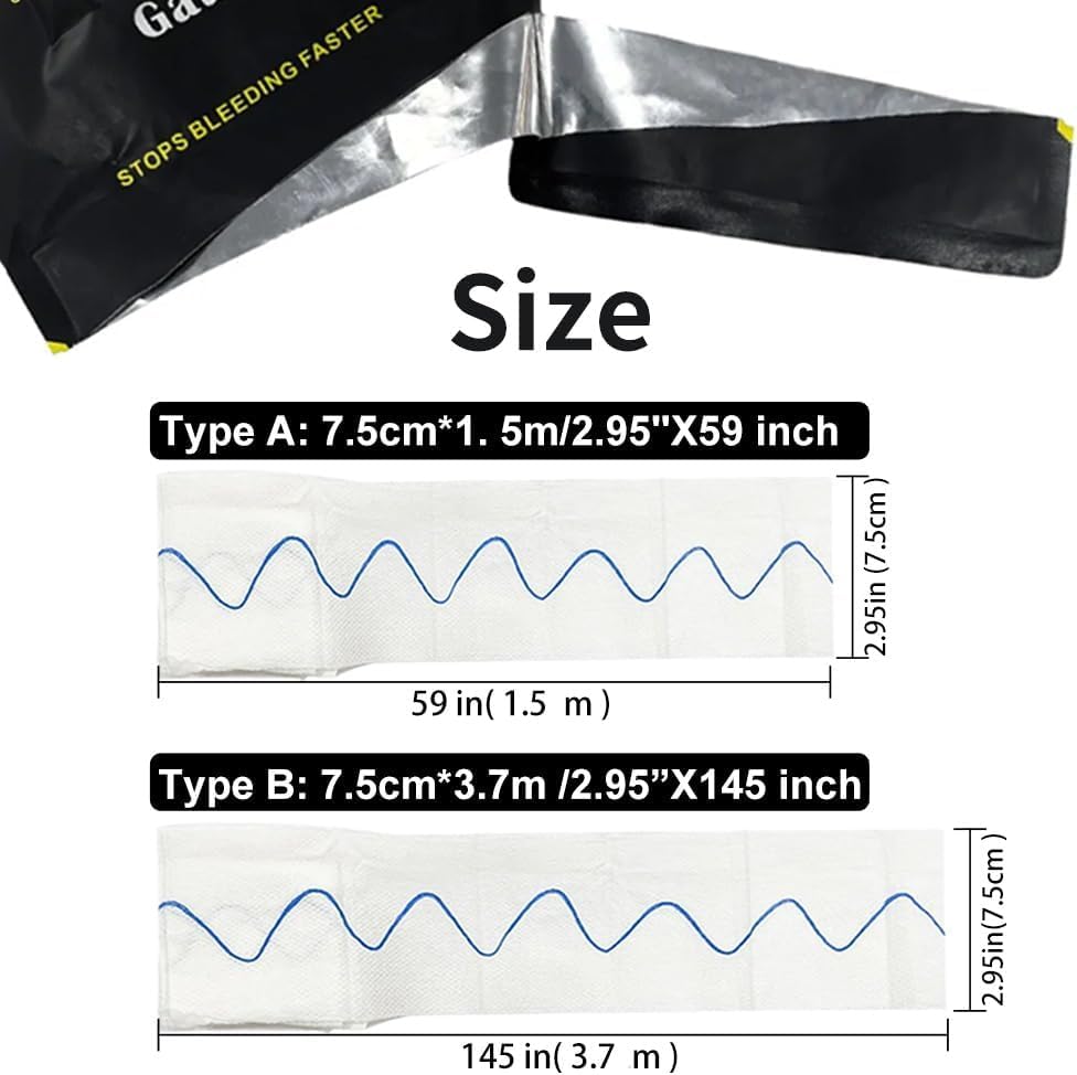 Hemostatic gauze roll unrolled showing the 7.5 by 150 cm dressing