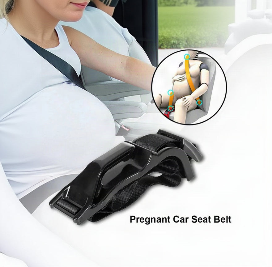 Pregnancy seat belt adjuster positioning the lap belt below the belly