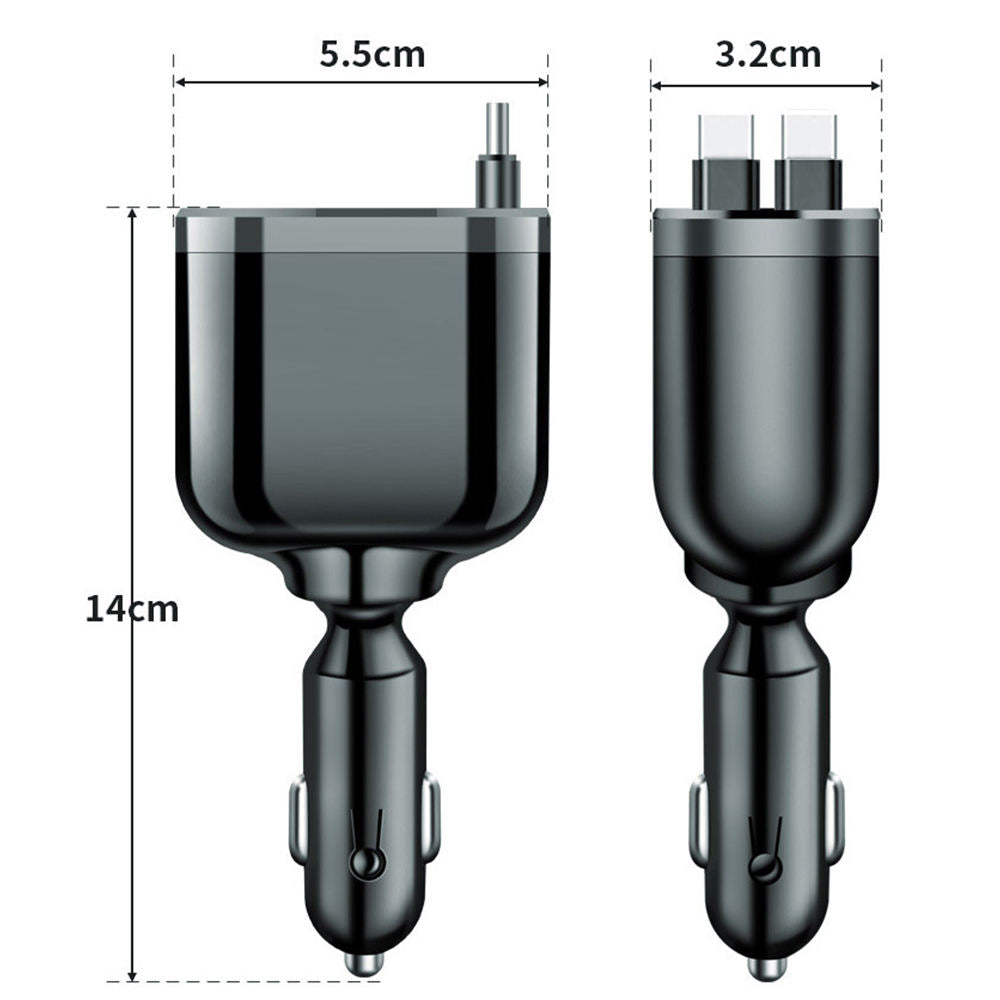 Retractable Lightning and USB-C cables extended from the car charger