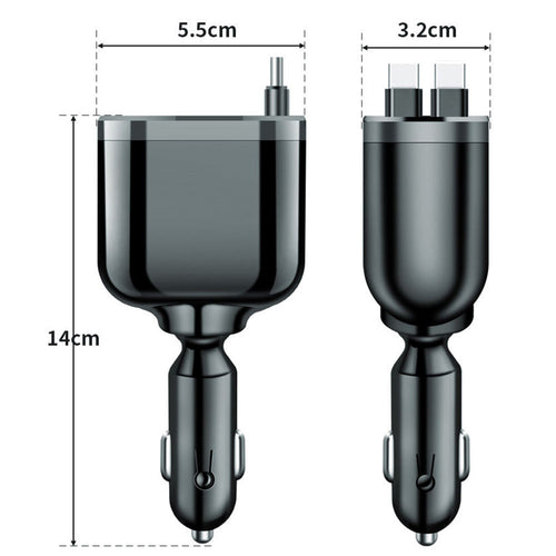 Retractable Lightning and USB-C cables extended from the car charger