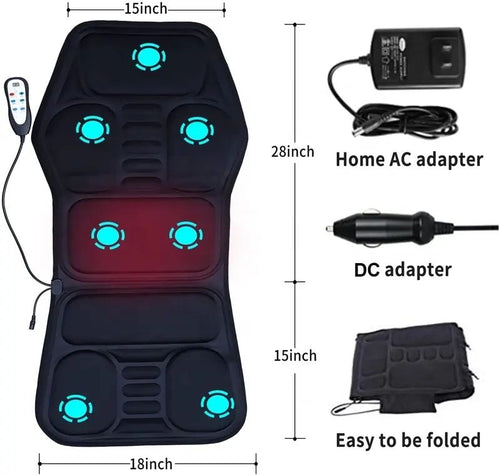 Massage pad fitted to a car seat with the strap secured