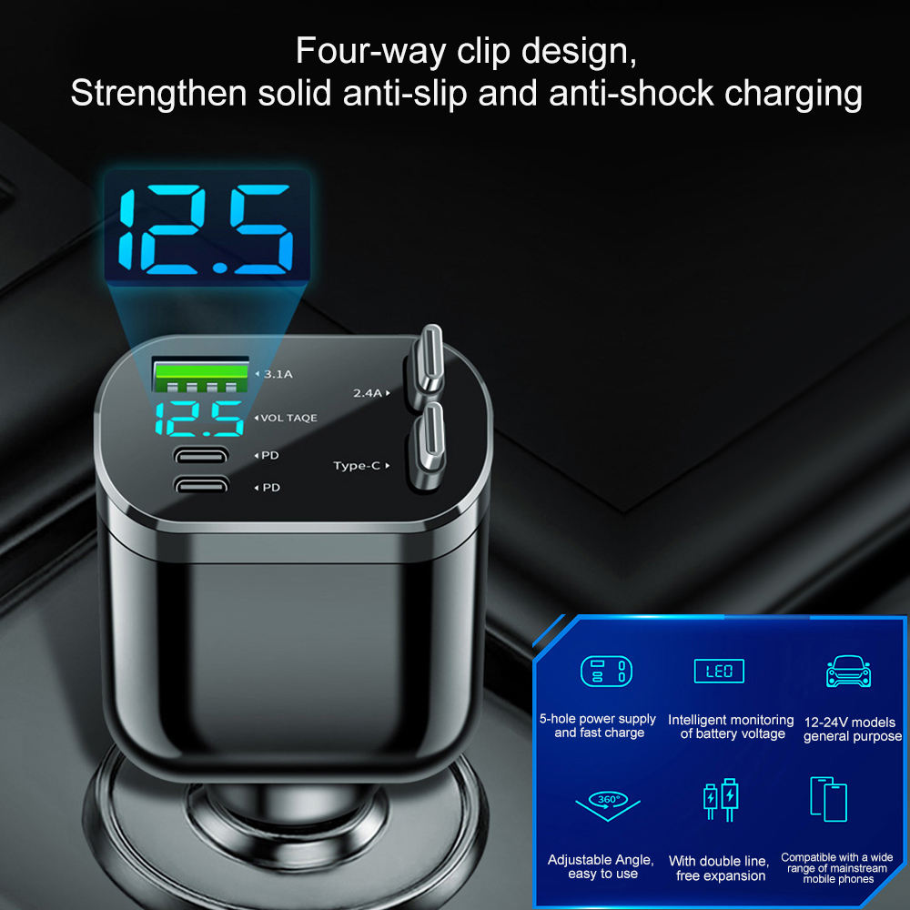 Car charger plugged into a 12V socket with devices charging